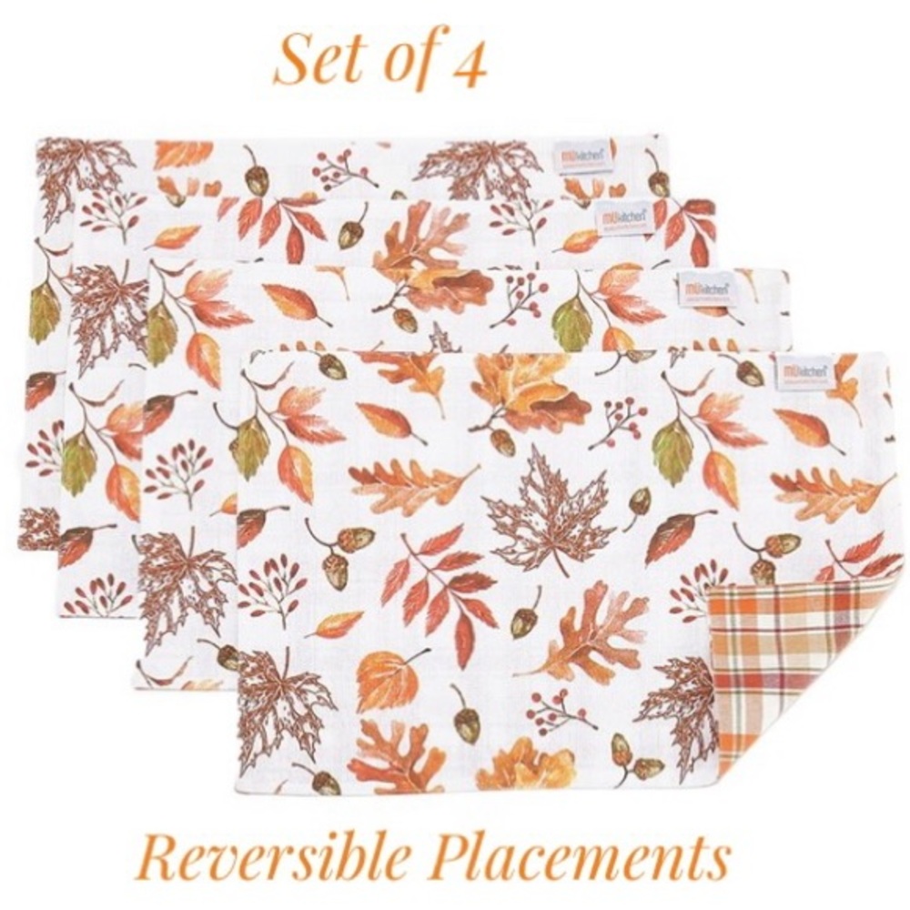 MU Kitchen White & Orange Fall Harvest Plaid Reversible Place Mats Set of Four